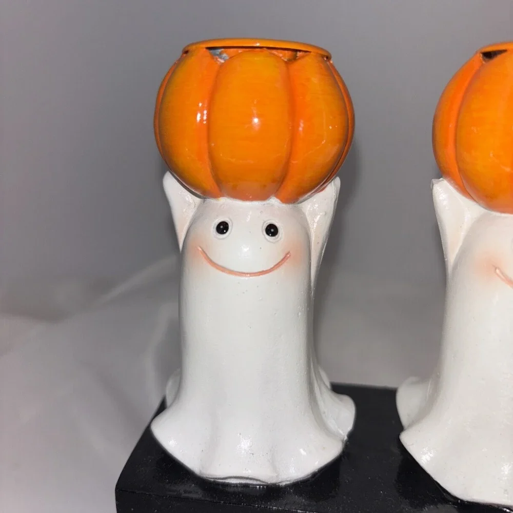 Hallow Home Tabletop 5 Ghosts & Pumpkins Halloween Taper Candlestick Holder